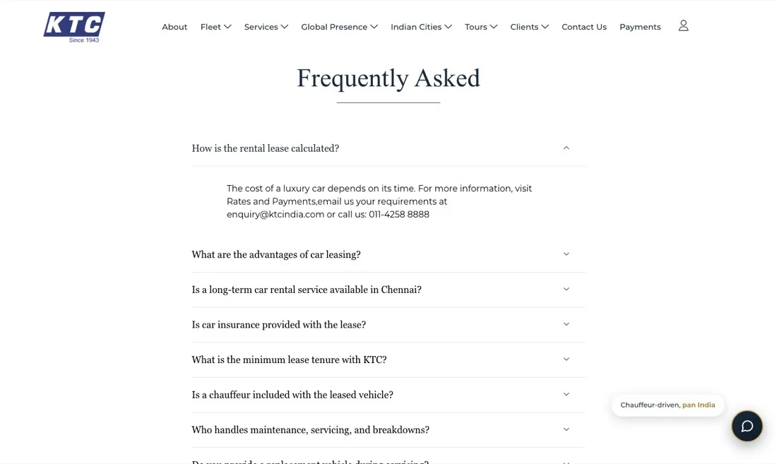KTC India car rental website redesign case study: an FAQ accordion with the first question expanded