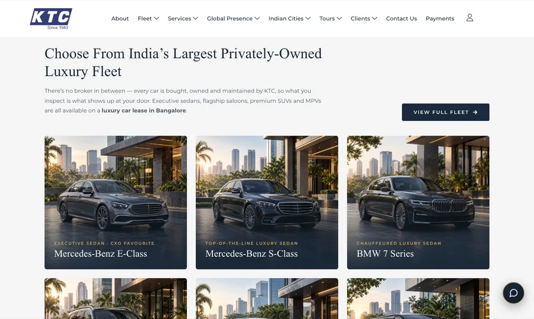 KTC India car rental website redesign case study: a fleet grid of vehicle cards with photographs on a lease page