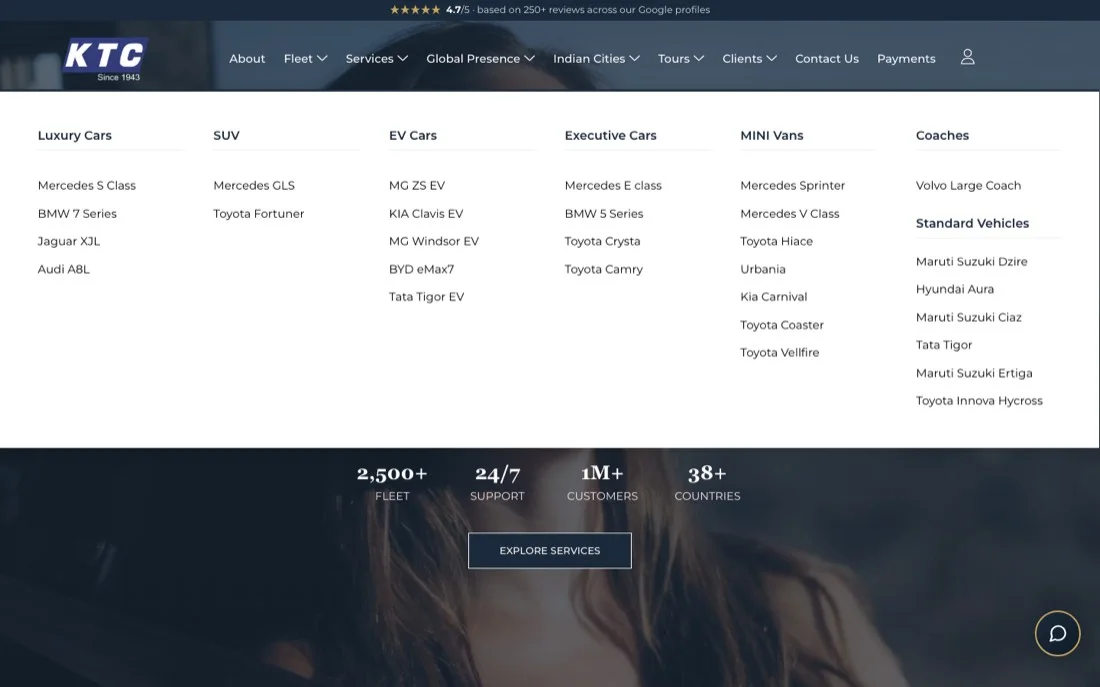 KTC India car rental website redesign: the Fleet mega menu with six columns of vehicle categories