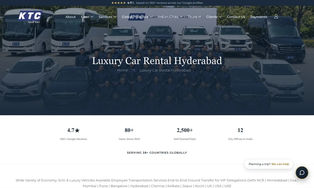 KTC India car rental website redesign case study: the India hub page with breadcrumb, headline and counters