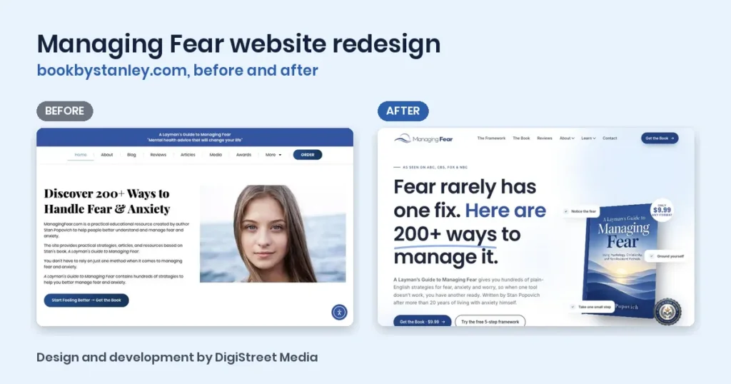 Managing Fear website redesign by DigiStreet Media: the old managingfear.com homepage beside the new bookbystanley.com homepage