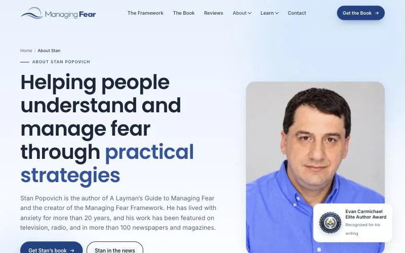 Managing Fear website redesign case study: the new About page with Stan Popovich's portrait, his story in one line and his credentials