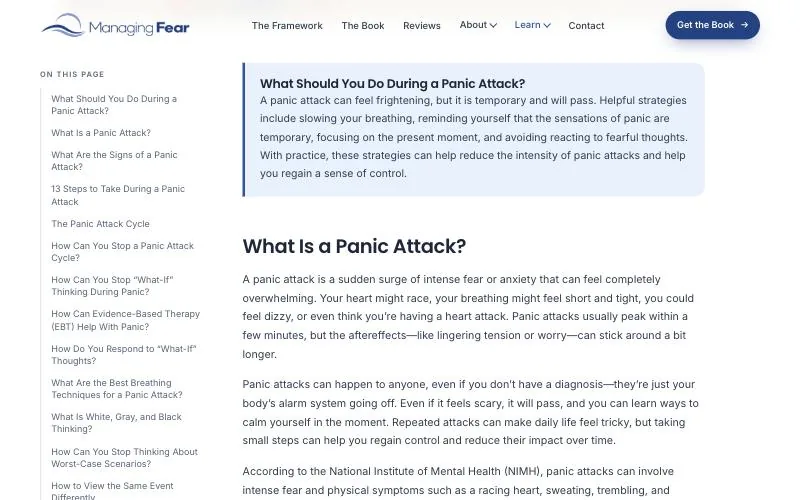 Managing Fear website redesign: a new article page with a quick-answer box and a table of contents that tracks the reader's place