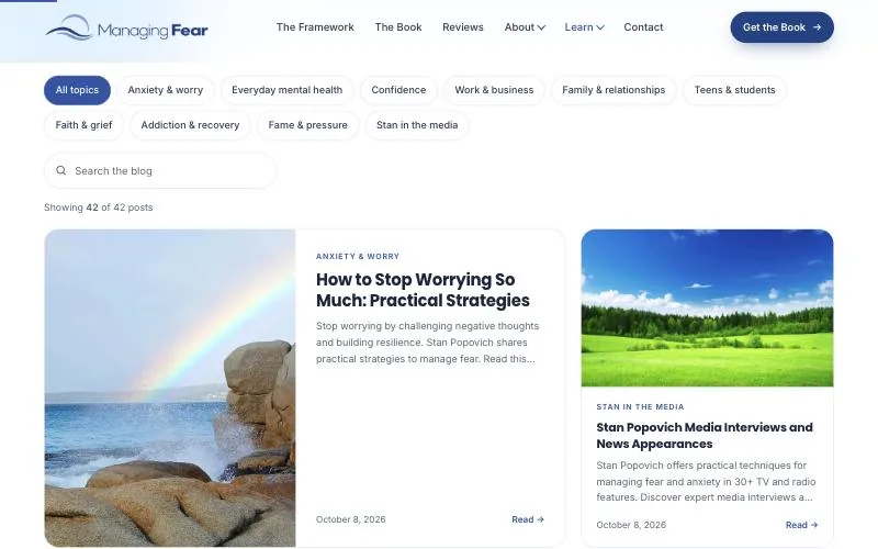 Managing Fear website redesign case study: the new blog page with topic filters and search above a card grid