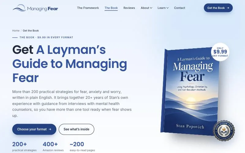 Managing Fear website redesign case study: the new Get the Book page with the 3D cover, the price and five ways to buy