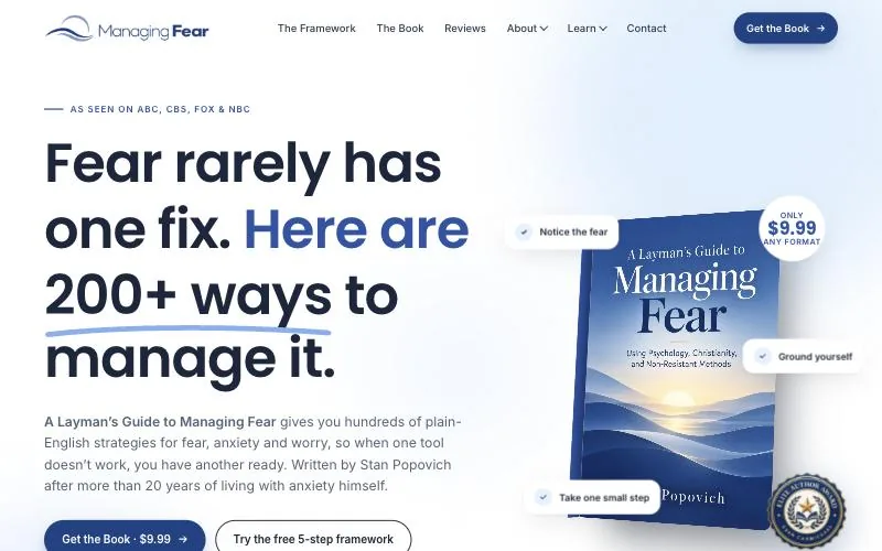 Managing Fear website redesign: the new bookbystanley.com homepage with one promise, the book cover and two buttons