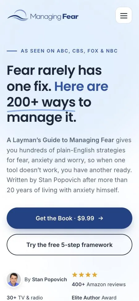 Managing Fear website redesign case study: the new bookbystanley.com homepage on a phone