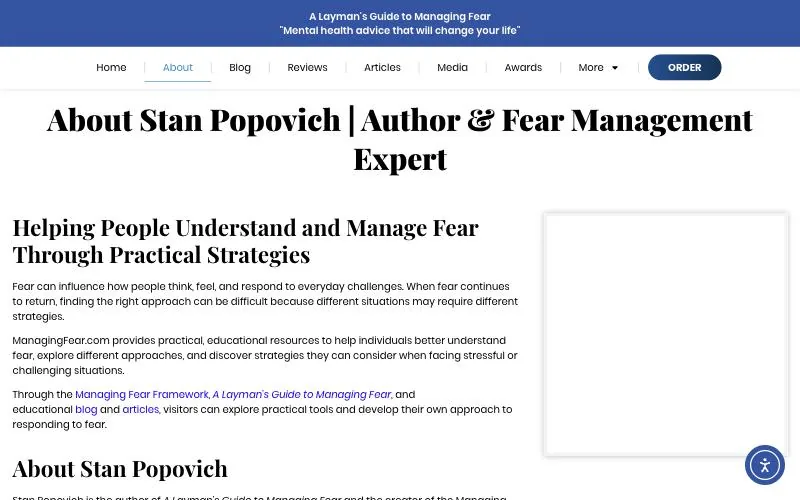 Managing Fear website redesign case study: the old About page with a title and dense paragraphs
