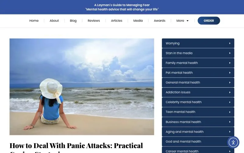 Managing Fear website redesign case study: an old article page with a large photo beside a long category sidebar