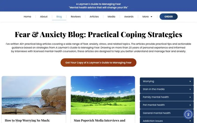 Managing Fear website redesign case study: the old blog page, a card list beside a long category sidebar