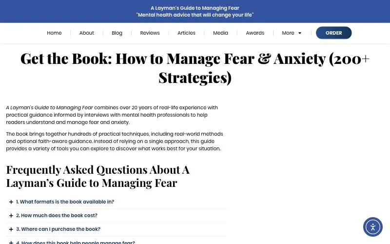 Managing Fear website redesign case study: the old Get the Book page with a long title and no cover in sight