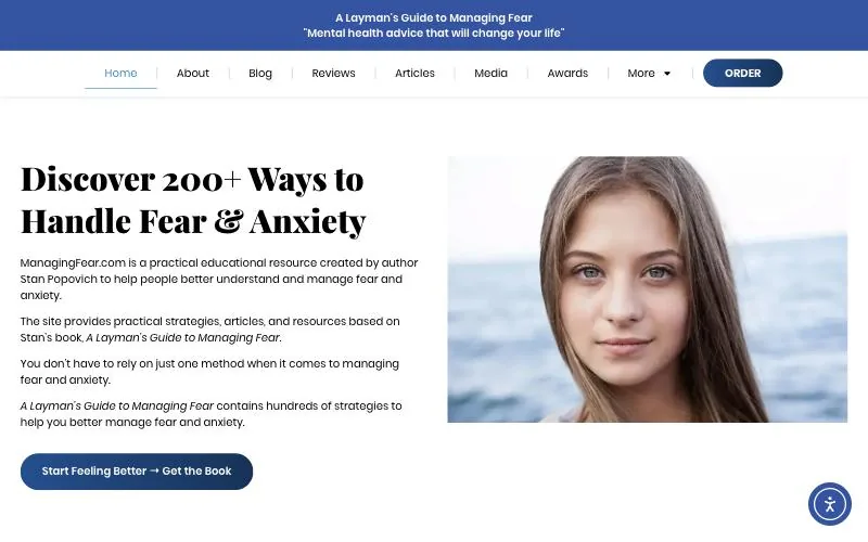 Managing Fear website redesign case study: the old managingfear.com homepage on desktop, opening with four paragraphs and a stock photo
