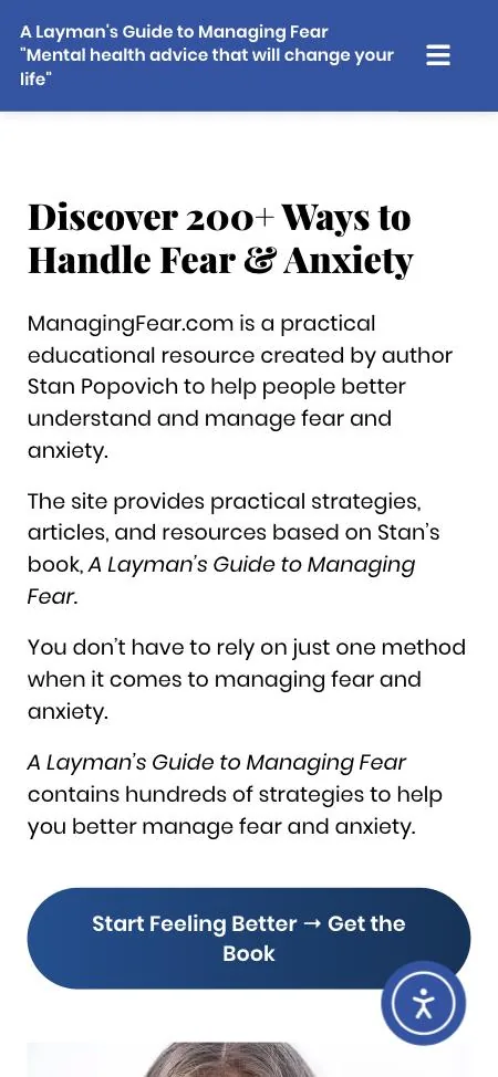 Managing Fear website redesign case study: the old managingfear.com homepage on a phone