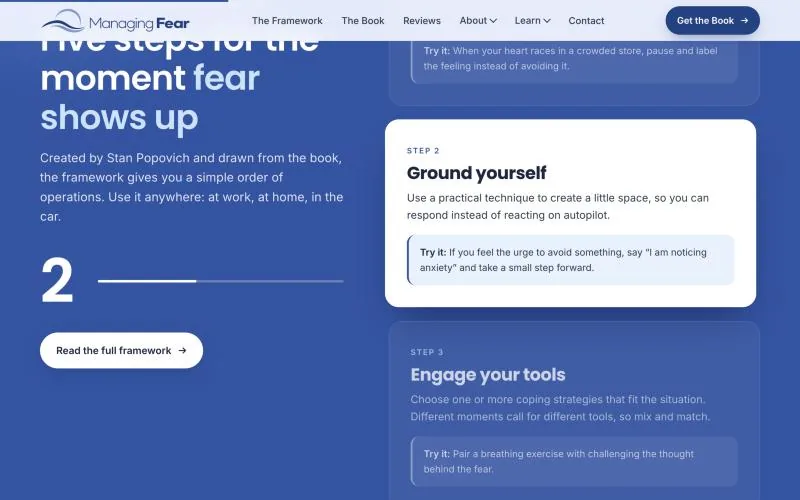 Managing Fear website redesign: the 5-step Managing Fear Framework lighting up step by step as the visitor scrolls