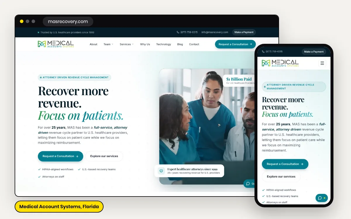 Medical Account Systems website masrecovery.com on desktop and mobile, designed and built by DigiStreet Media