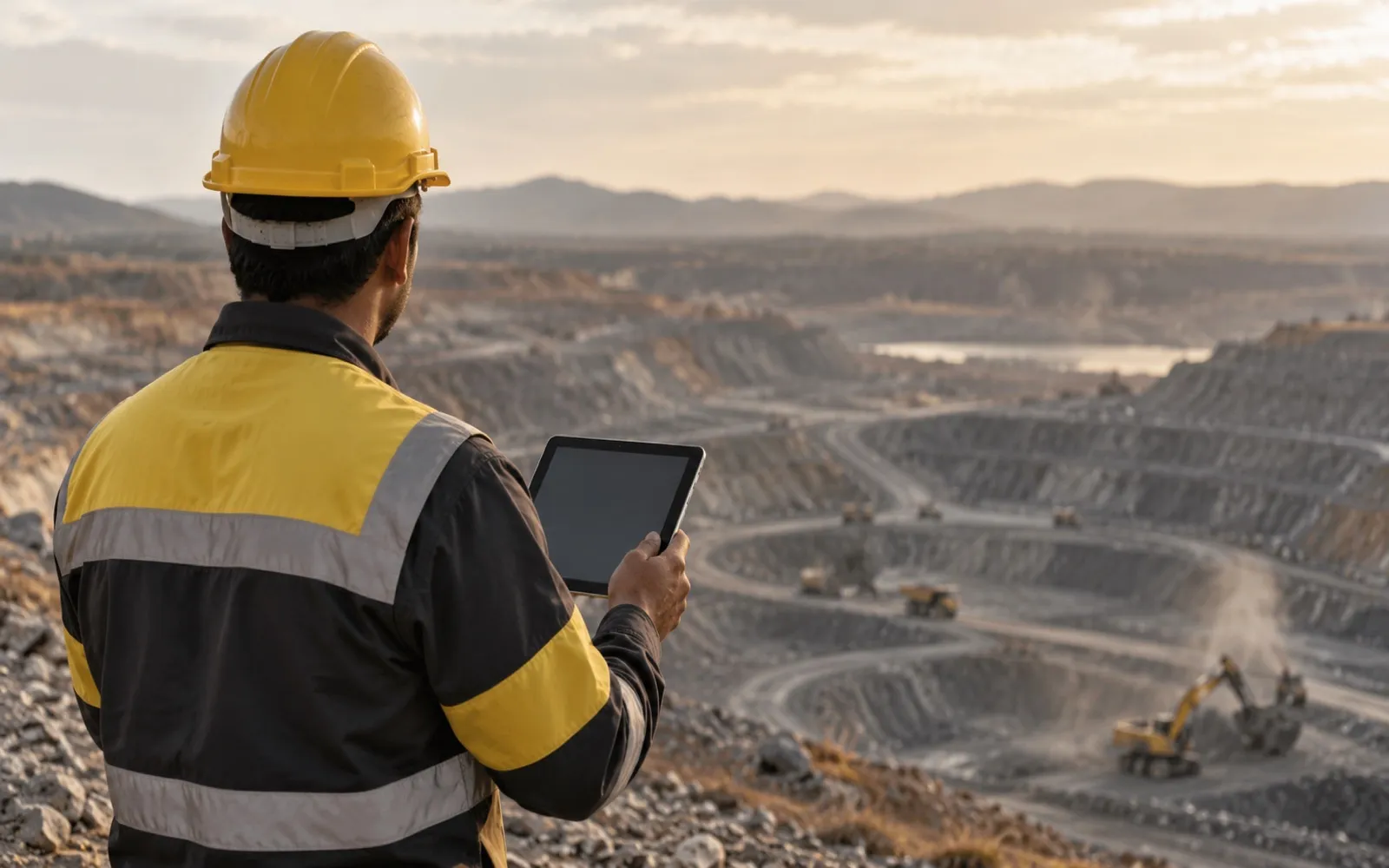 Mine site engineer in a hard hat checking a tablet above the pit