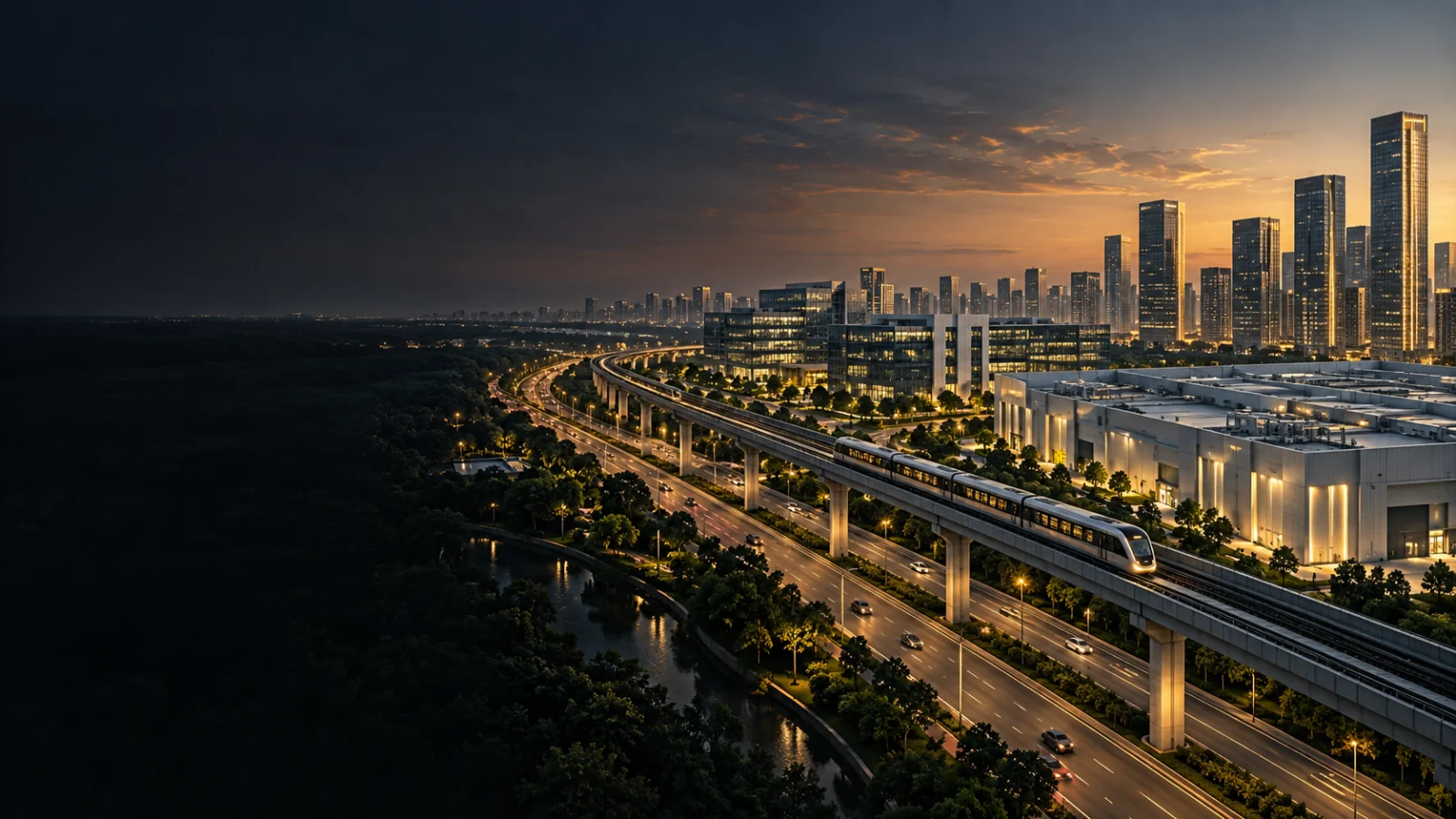 Noida technology and manufacturing district at blue hour with warm street lights