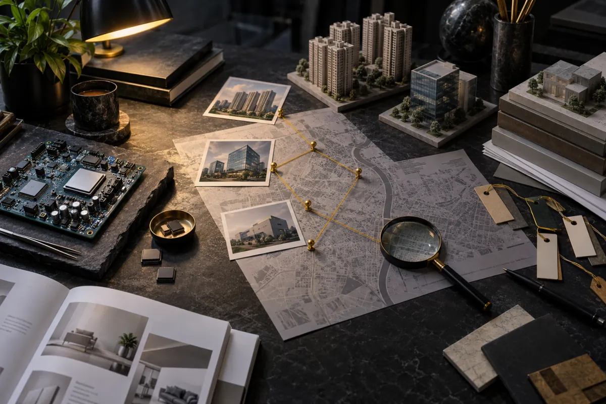 Local SEO audit workbench with a Noida map grid and page notes