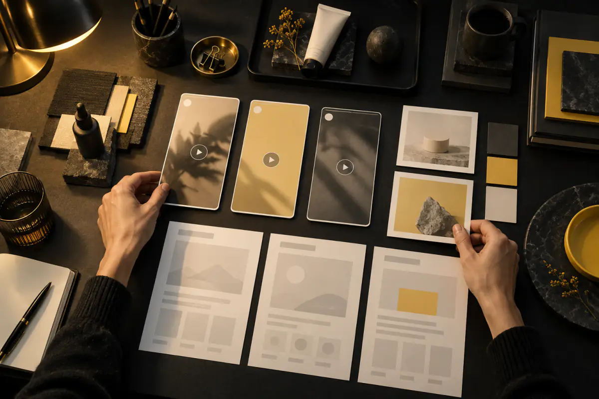 Paid advertising creative review with video frames and landing page notes