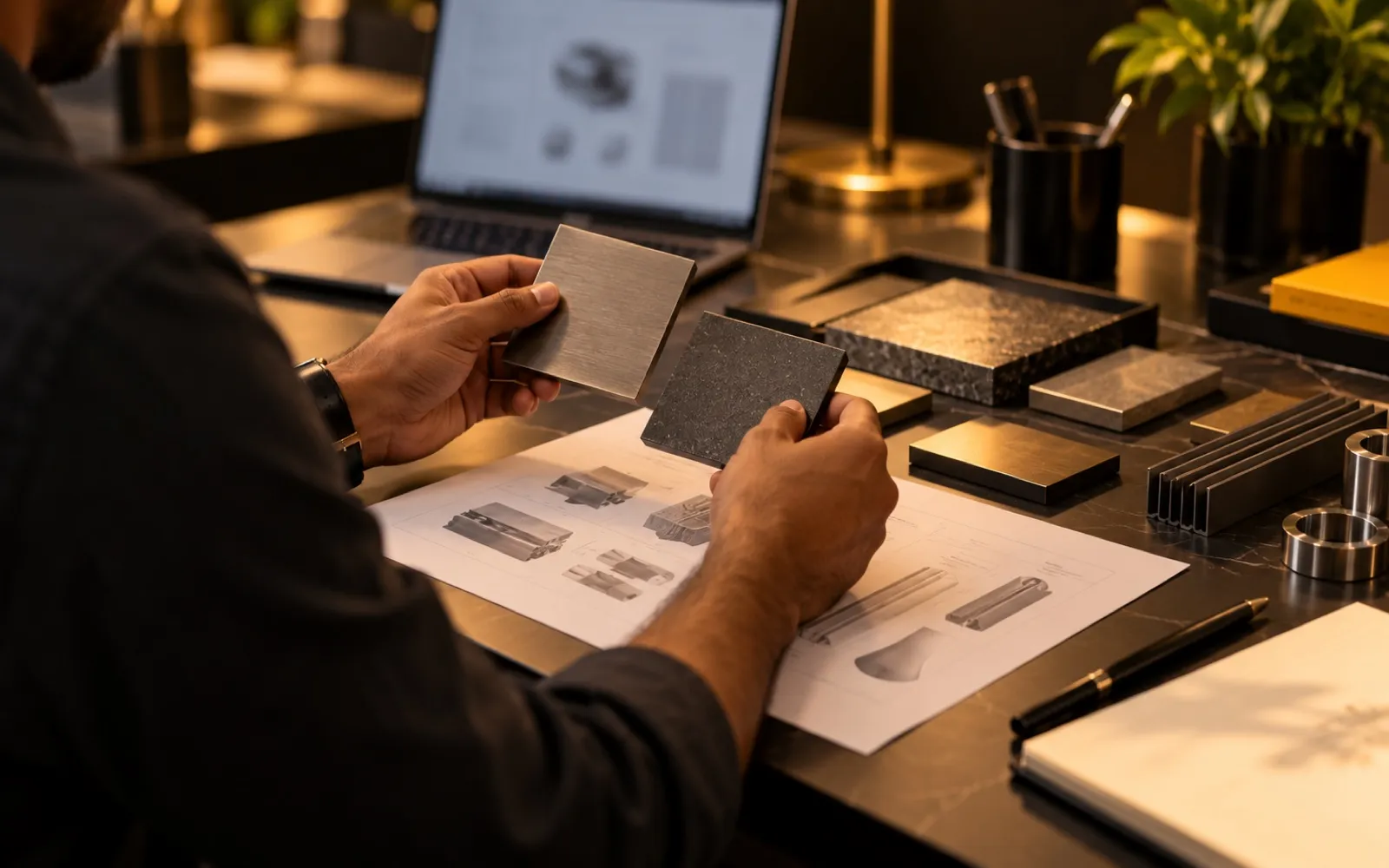 Procurement manager comparing metal component samples against a printed catalogue