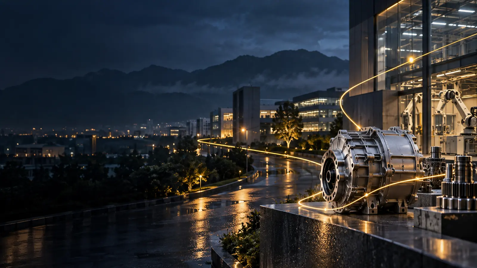 Pune engineering campus and automotive components at blue hour