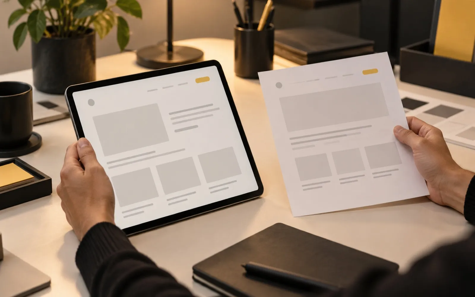 Buyer comparing software product pages on a tablet and a printout