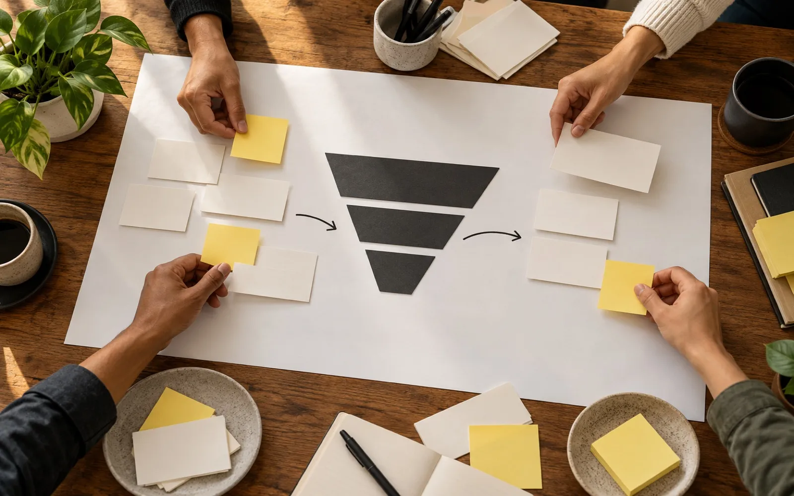 Team planning a marketing funnel with sticky notes on paper