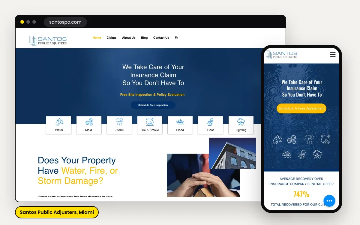 Santos Public Adjusters website on desktop and mobile, designed and built by DigiStreet Media for the Miami public adjusting firm