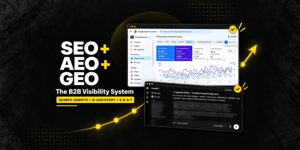 SEO, AEO and GEO B2B visibility system with Search Console growth and redacted AI recommendation evidence