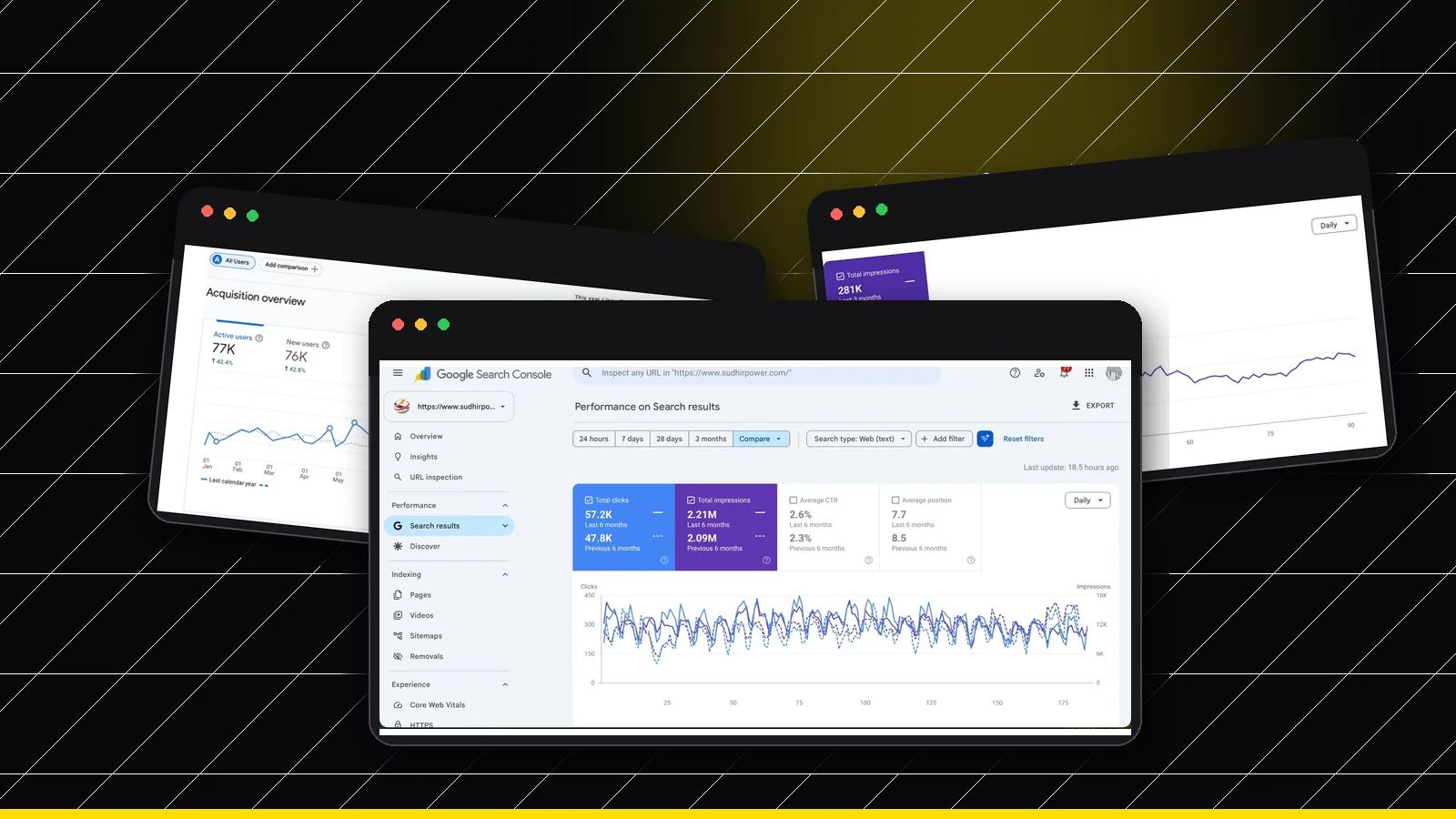 Sudhir Power, Sirca Paints, Intex real SEO case-study charts in browser mockups for Faridabad