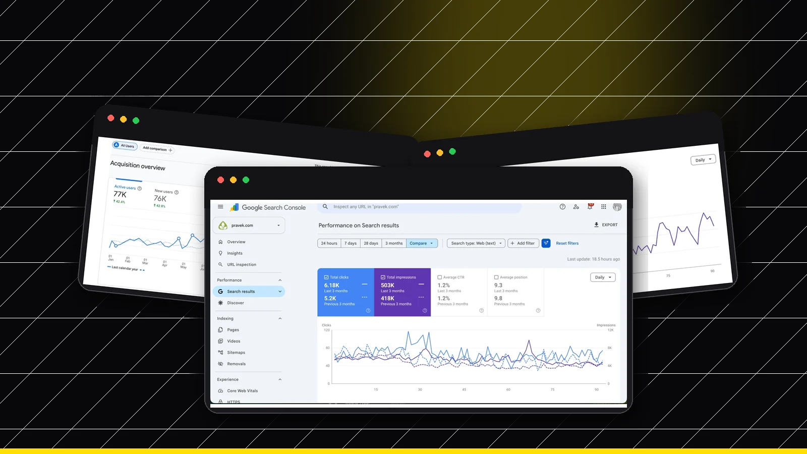 Sirca Paints, Pravek Kalp, Sudhir Power real SEO case-study charts in browser mockups for Jaipur