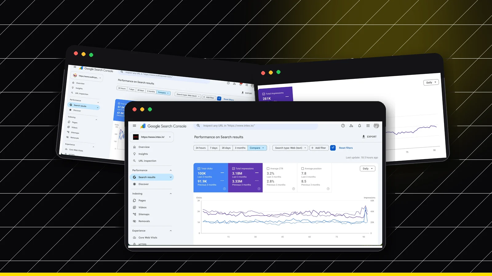 Pravek Kalp, Sudhir Power, Sirca Paints real SEO case-study charts in browser mockups for Vadodara