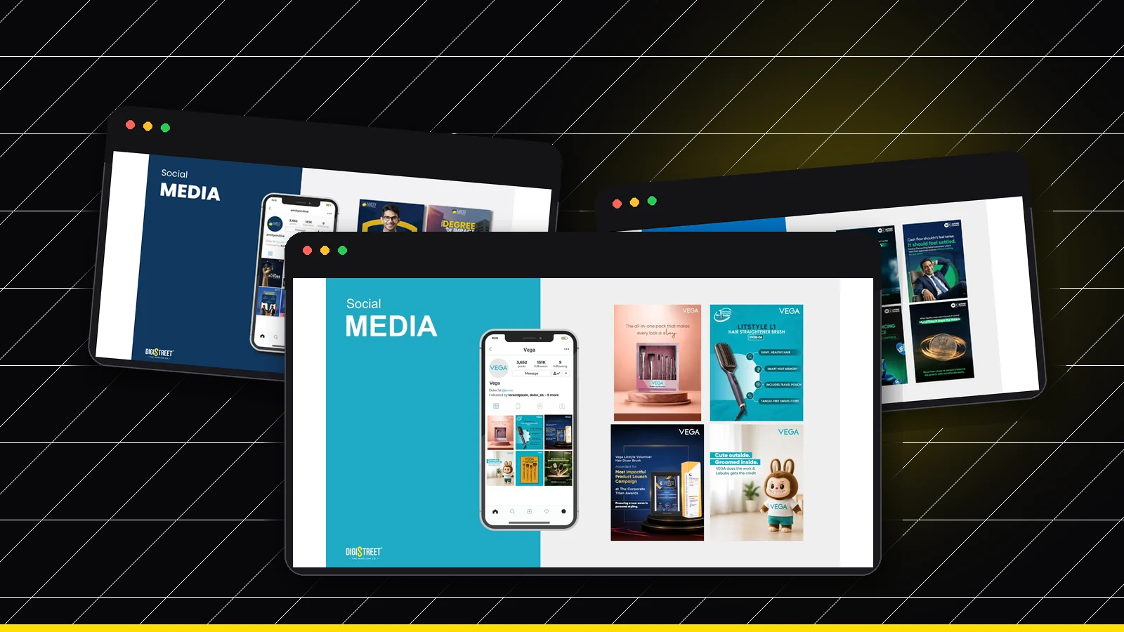 Vega, Amity, MyndFin real SEO case-study charts in browser mockups for social media management