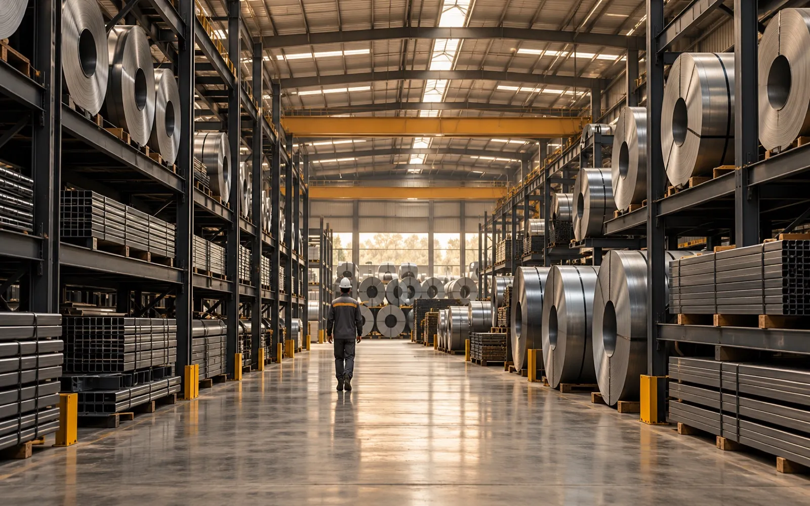 Warehouse aisle lined with steel coils and racks