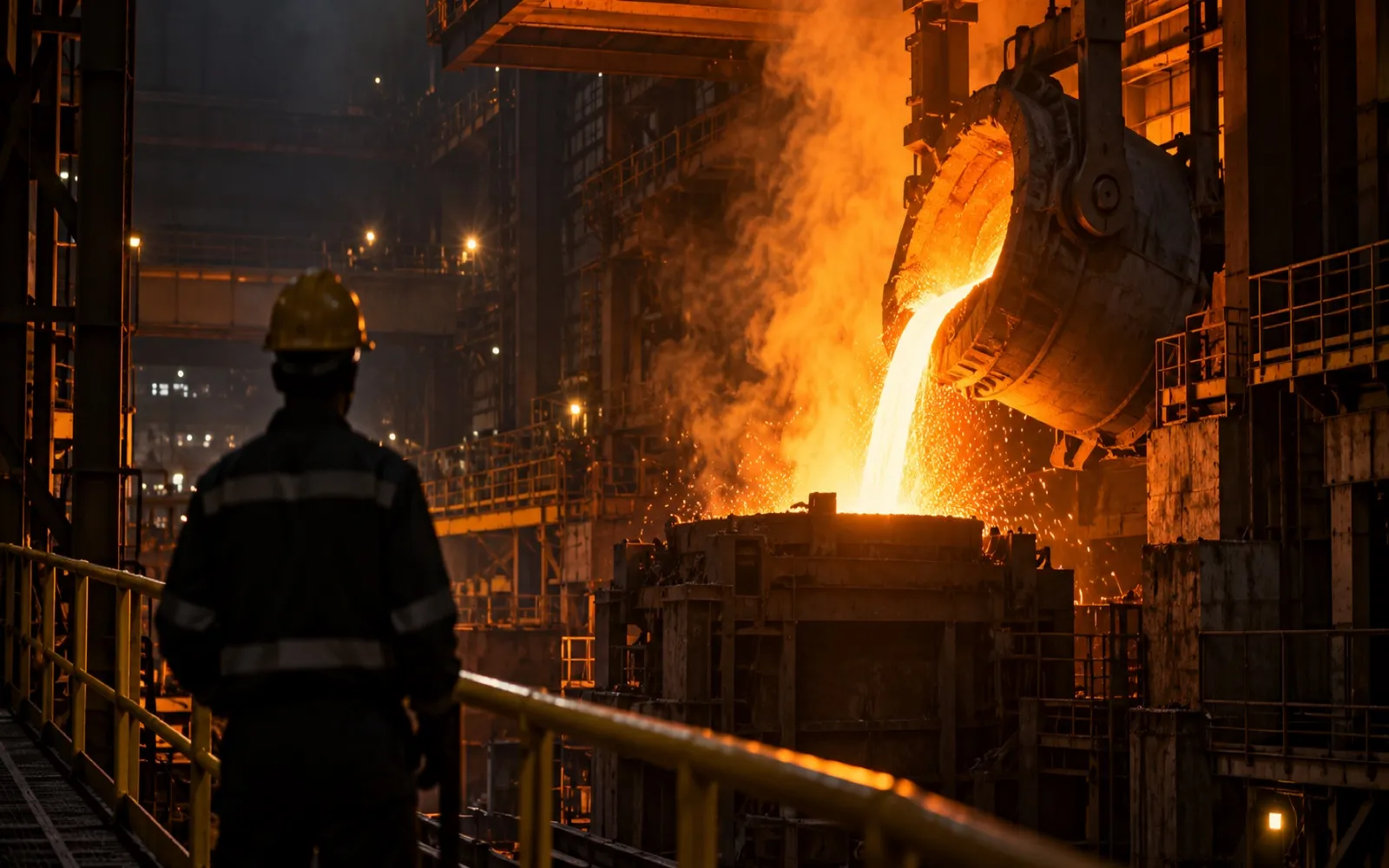 Molten metal pouring from a ladle in a steel plant
