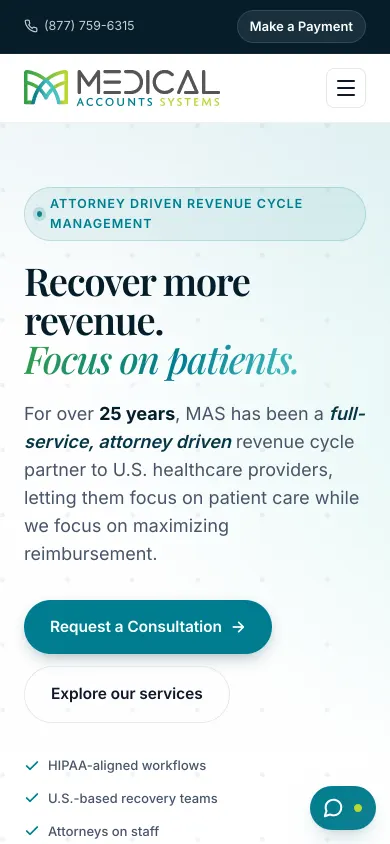 Medical Account Systems website on a phone