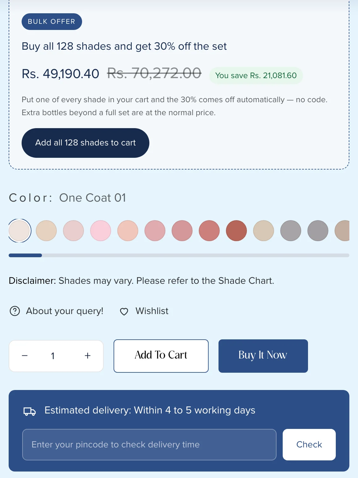 VIRAA Professional product page with the 30 per cent full-set offer, 128 colour swatches, add to cart buttons and pincode delivery check