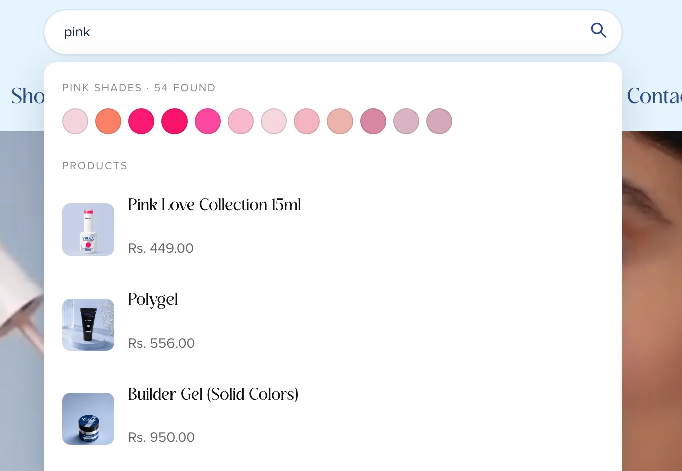VIRAA Professional store search for pink showing 54 pink shade swatches above matching products