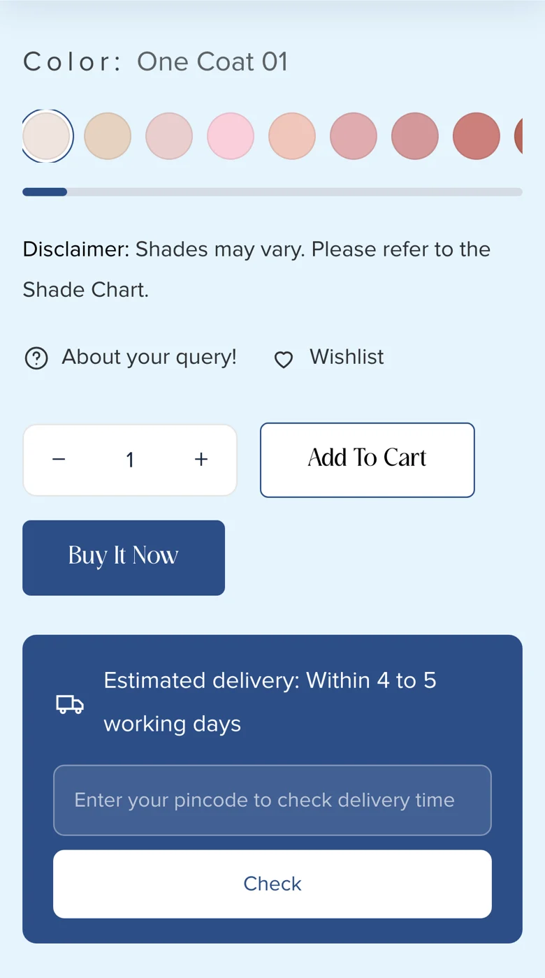 VIRAA Professional product page on a phone showing colour swatches, add to cart buttons and the pincode delivery check