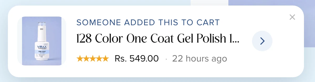 VIRAA Professional recent activity notification showing someone added this product to cart with rating, price and time