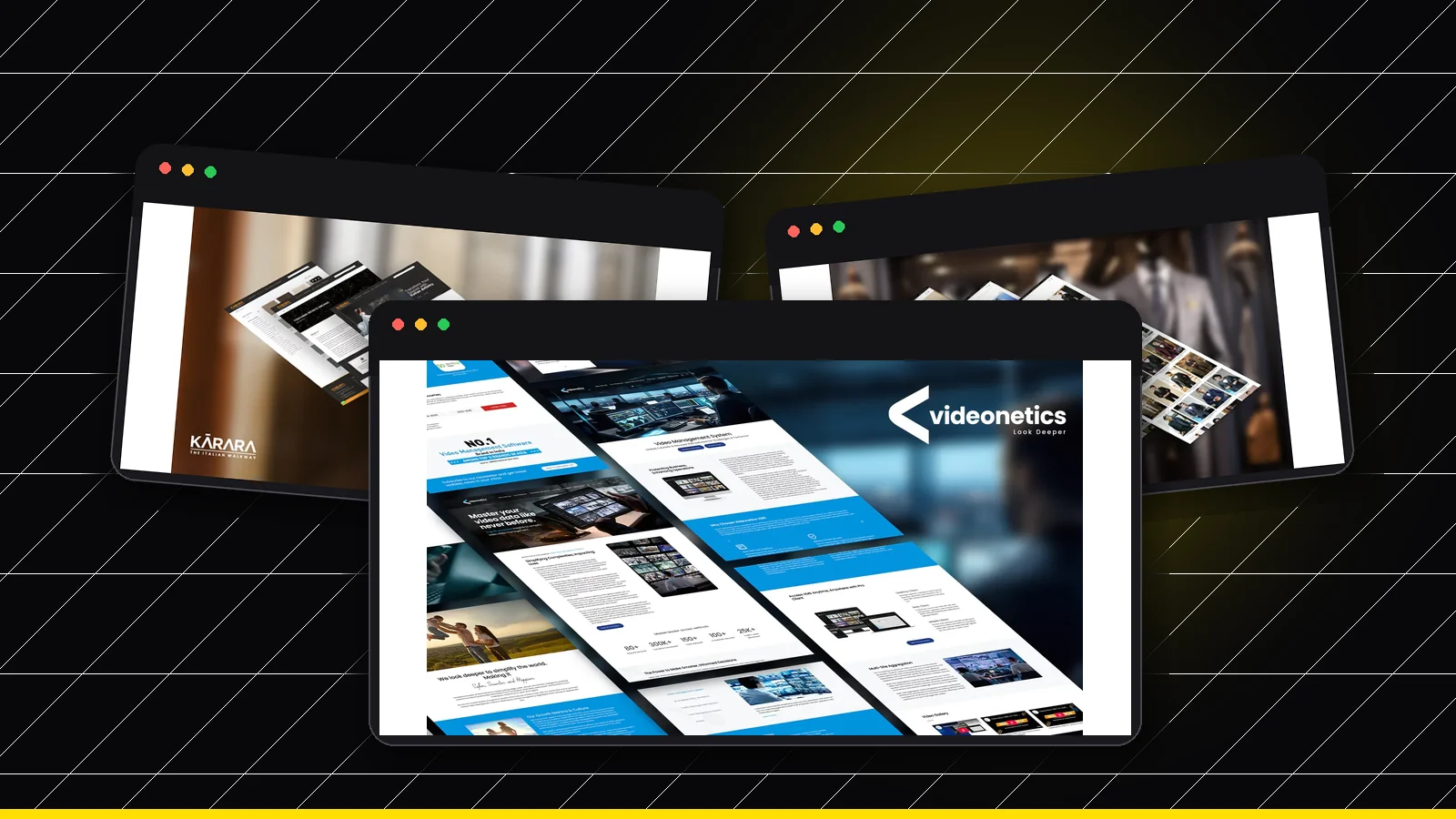 Videonetics, Karara Ceramics, Bonsoir real SEO case-study charts in browser mockups for web design company in India