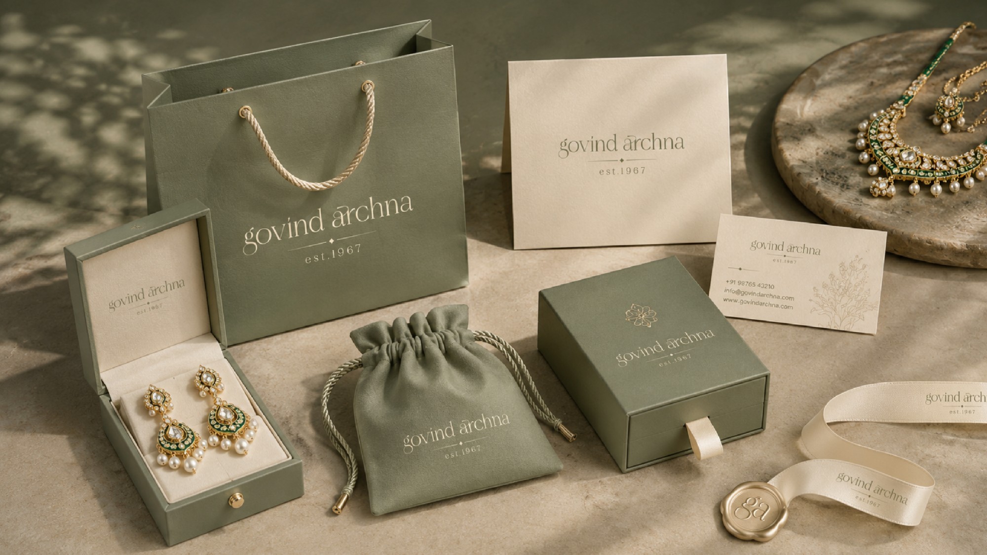 Branding and design agency in Delhi India - DigiStreet Media premium brand identity, packaging design and stationery for Govind Archna jewelry and other heritage brands